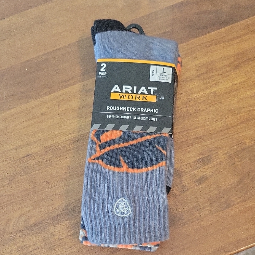 ARIAT Unisex Roughneck Graphic Crew Work Socks Grey/Orange 2-Pair Pack - AR2534-